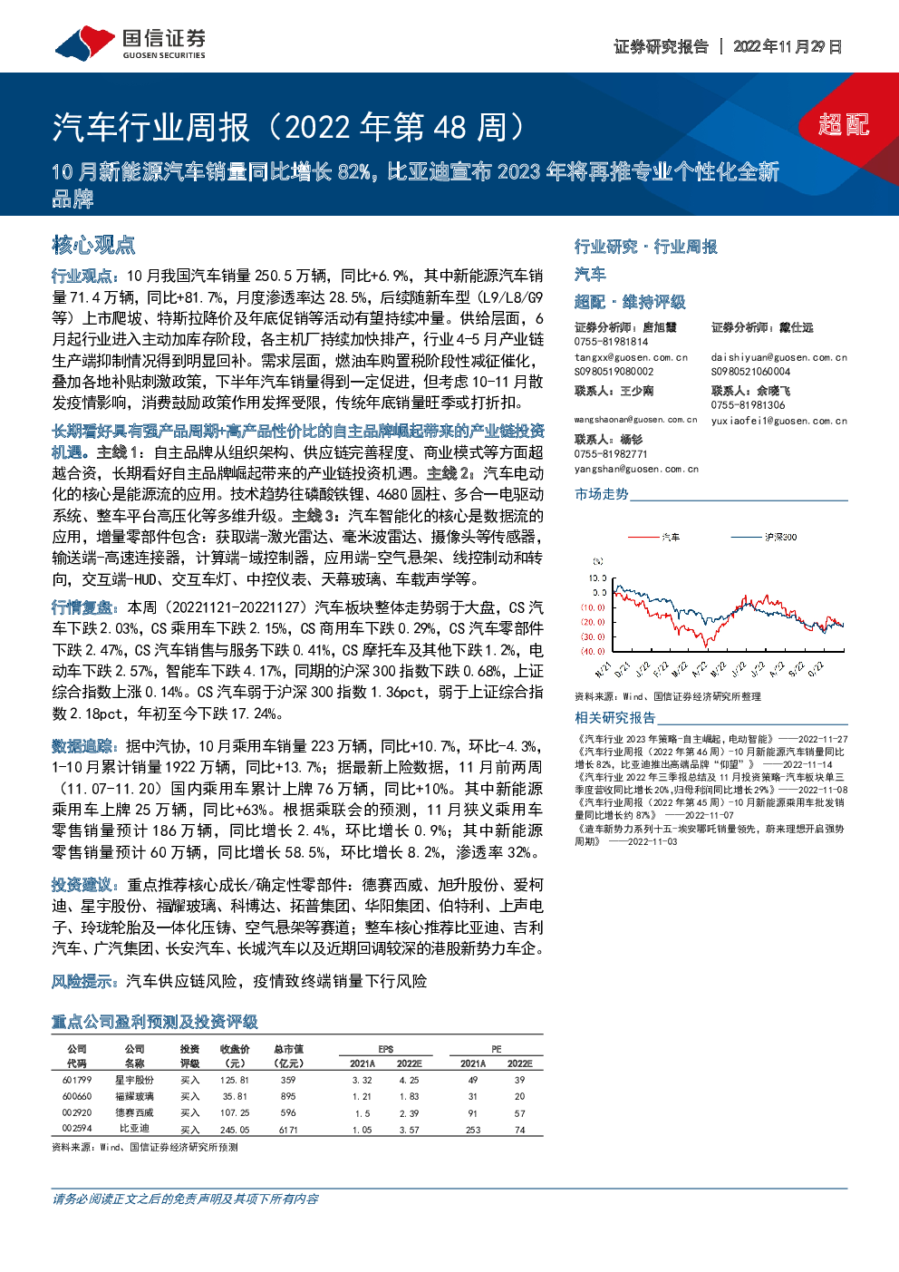 汽车行业周报(2022年第48周):10月新能源汽车销量同比增长82%,比亚迪宣布2023年将再推专业个性化全新品牌