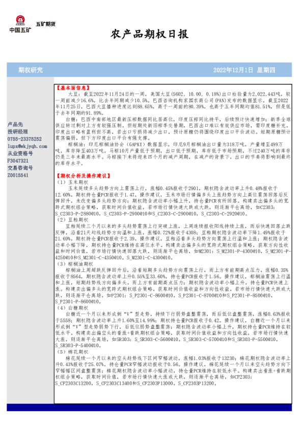 农产品期权日报