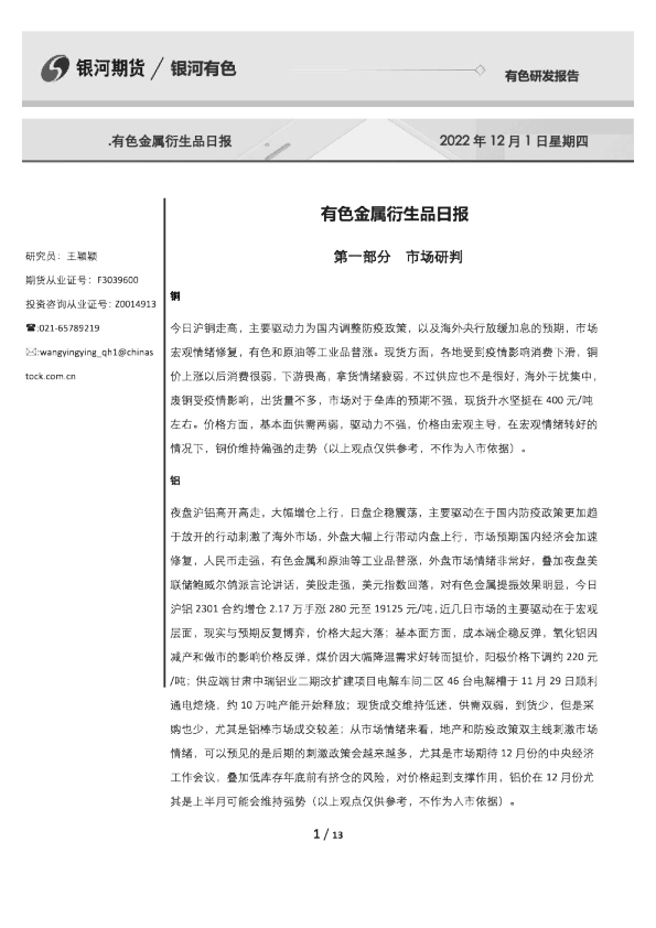 有色金属衍生品日报