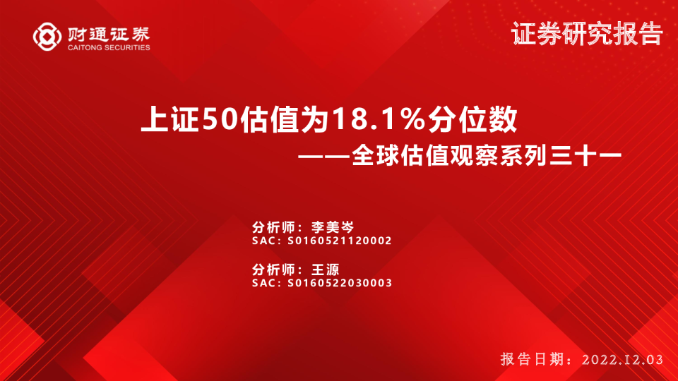 全球估值观察系列三十一：上证50估值为18.1％分位数