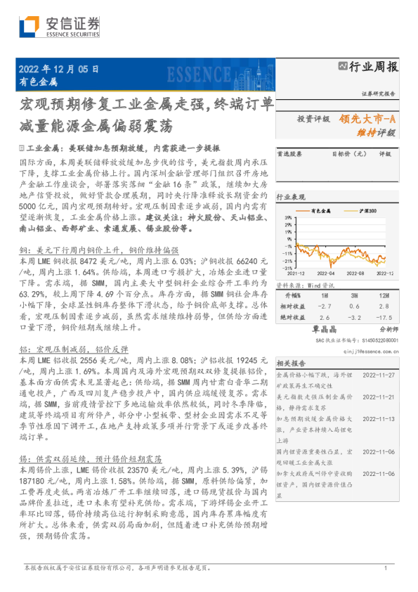 宏观预期修复工业金属走强，终端订单减量能源金属偏弱震荡