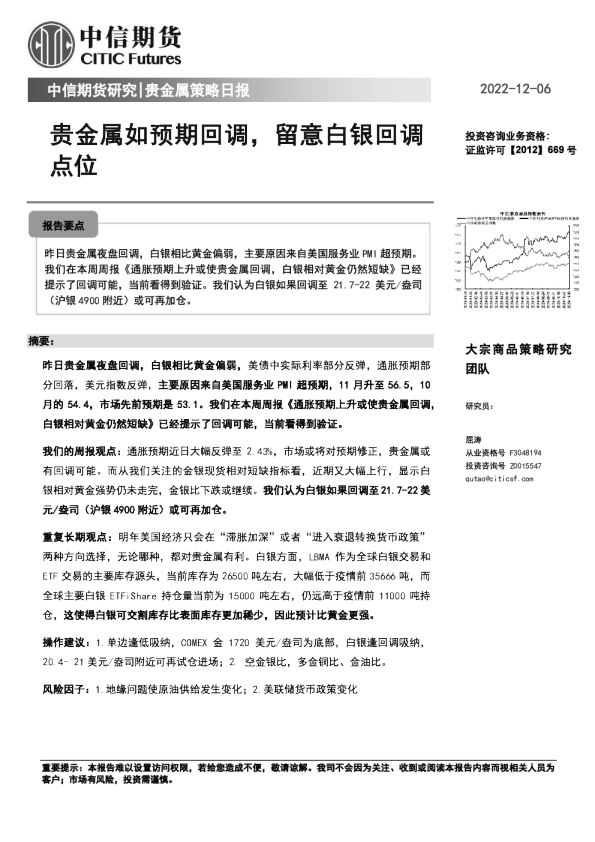 贵金属策略日报：贵金属如预期回调，留意白银回调点位
