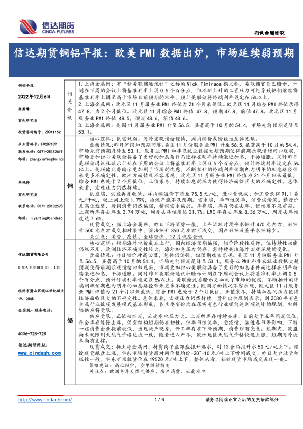 铜铝早报：欧美PMI数据出炉，市场延续弱预期