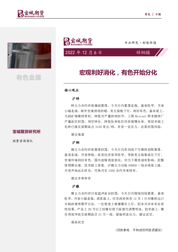 锌铜镍日报：宏观利好消化，有色开始分化