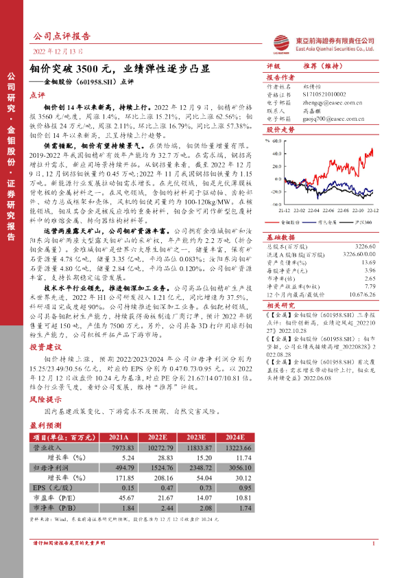 点评：钼价突破3500元，业绩弹性逐步凸显