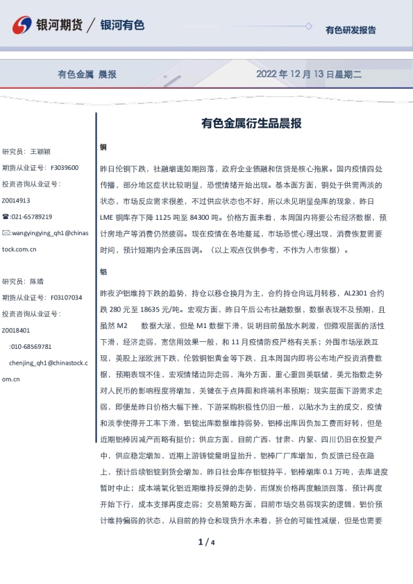 有色金属衍生品晨报