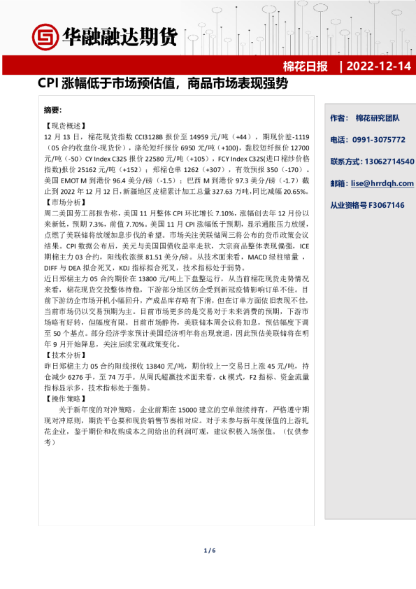 棉花日报：CPI涨幅低于市场预估值，商品市场表现强势