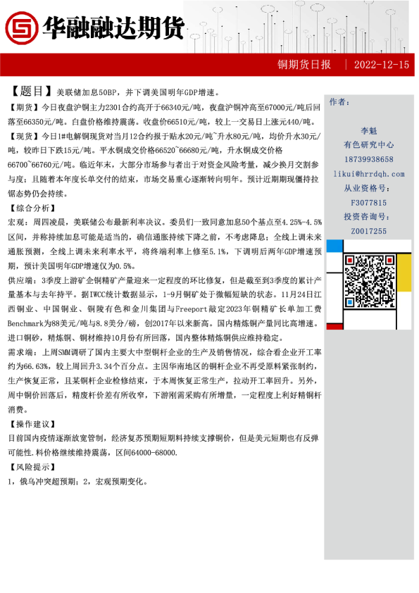 铜期货日报：美联储加息50BP，并下调美国明年GDP增速。