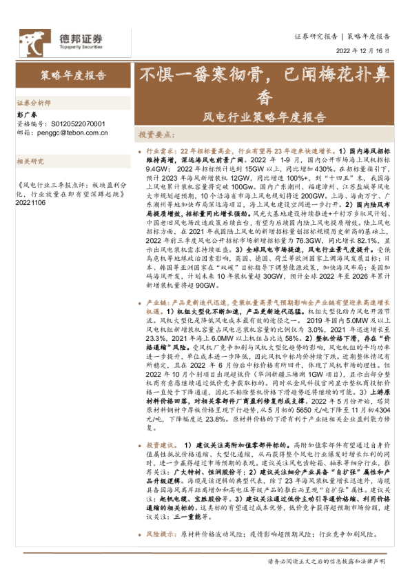 风电行业策略年度报告：不惧一番寒彻骨，已闻梅花扑鼻香
