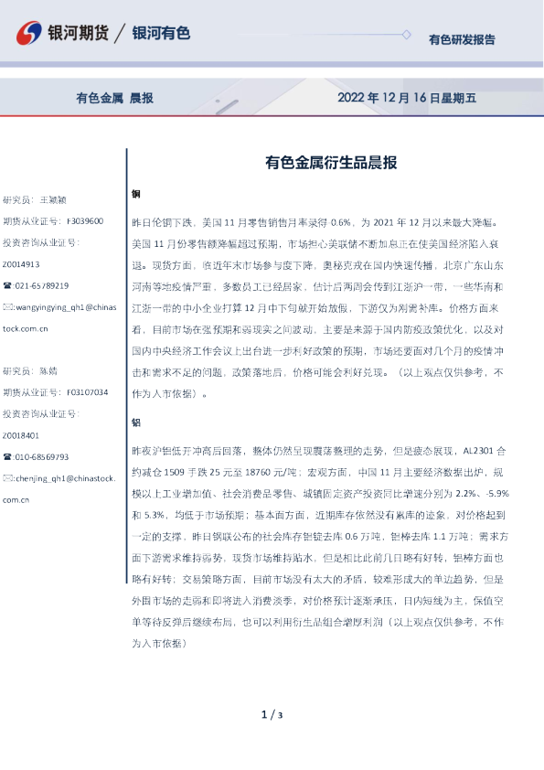 有色金属衍生品晨报