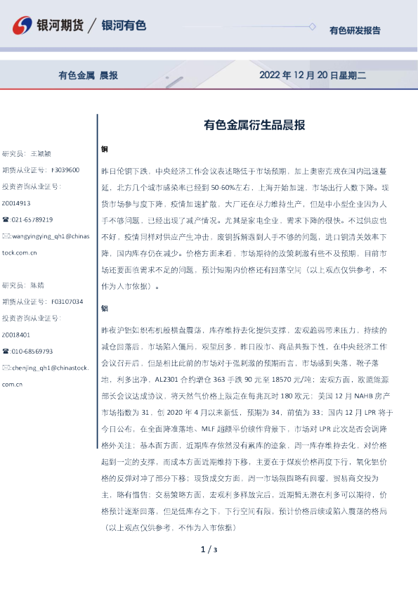 有色金属衍生品晨报