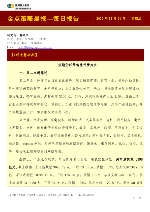 金点策略晨报—每日报告