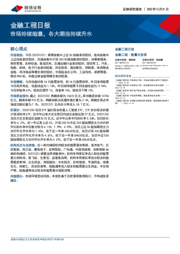 金融工程日报：市场持续缩量，各大期指持续升水