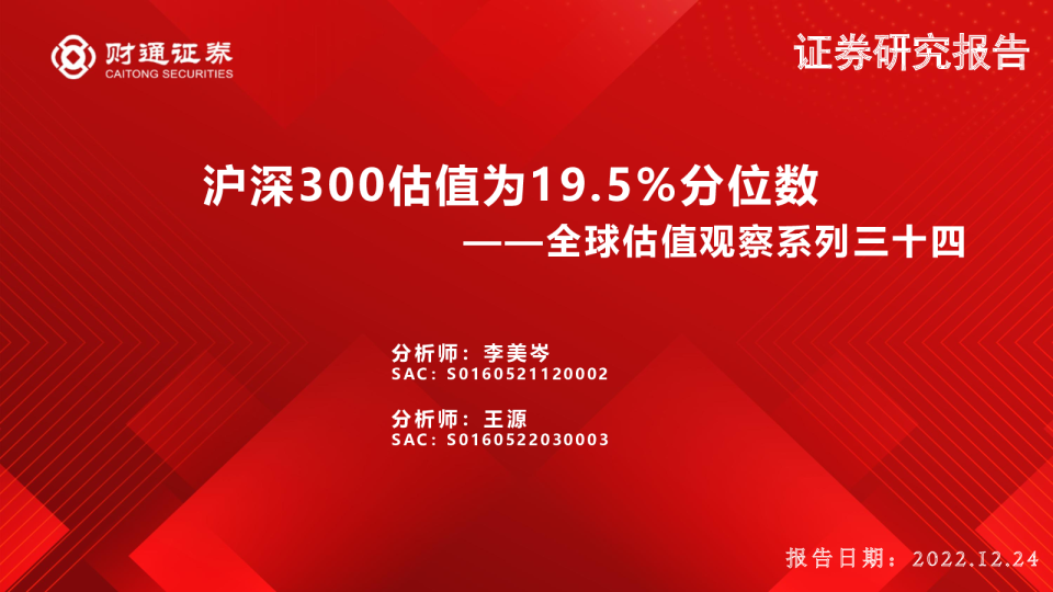 全球估值观察系列三十四：沪深300估值为19.5%分位数