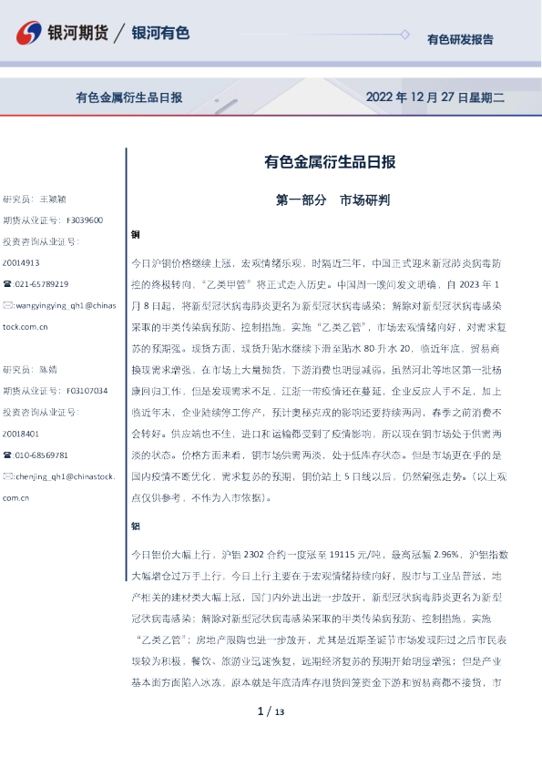 有色金属衍生品日报