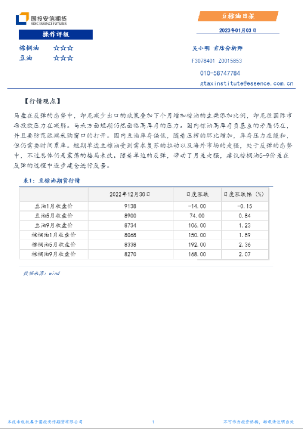 国投安信期货豆棕油日报