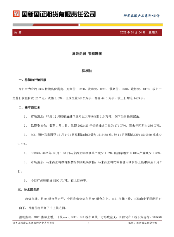 油脂日评：周边走弱 窄幅震荡