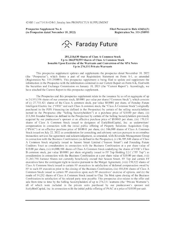 法拉第未来美股招股说明书(2023-01-10版)