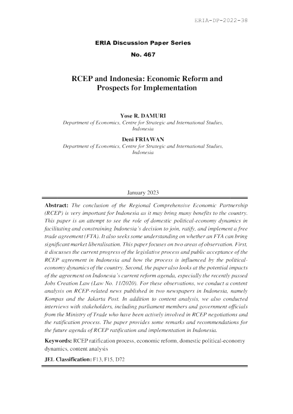 RCEP 与印度尼西亚 ： 经济改革与实施前景