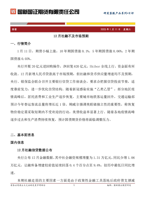 国债日评：12月社融不及市场预期