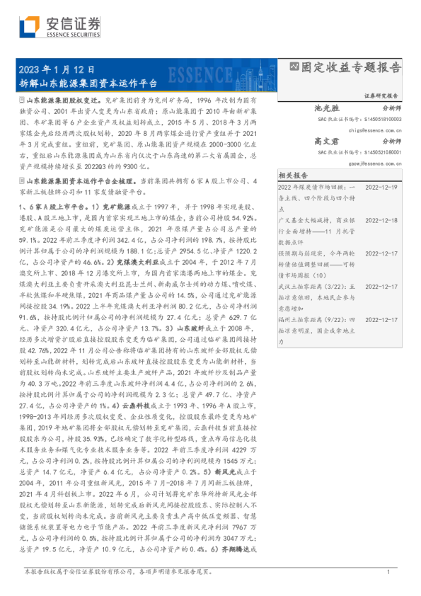 固定收益专题报告：拆解山东能源集团资本运作平台