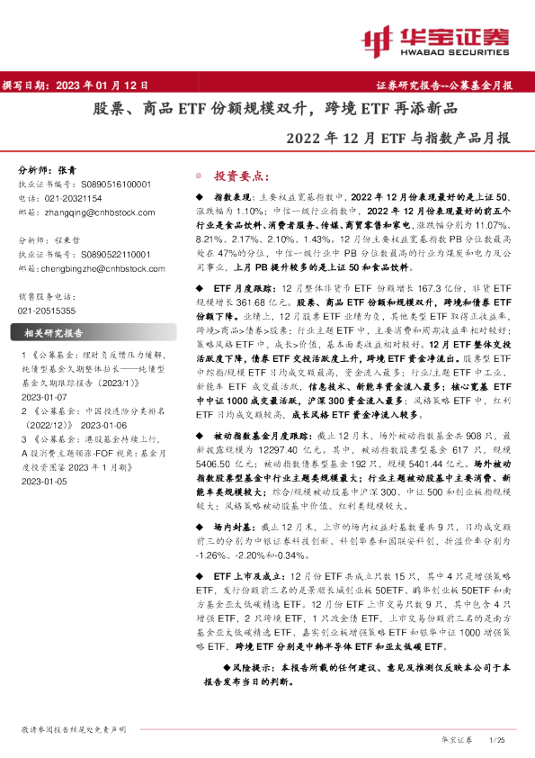 2022 年 12 月 ETF 与指数产品月报：股票、商品ETF份额规模双升，跨境ETF再添新品