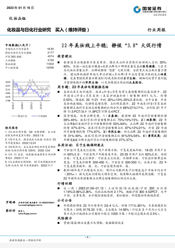 22年美妆线上平稳，静候“3.8”大促行情