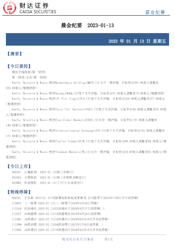 财达证券晨会纪要
