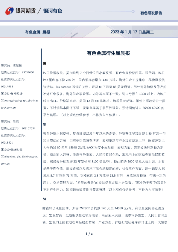 有色金属衍生品晨报