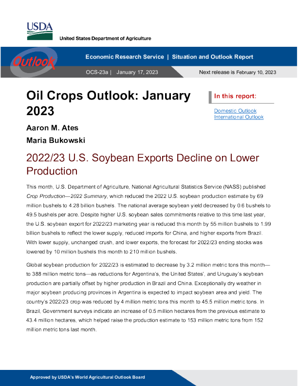 美国农业部油料作物展望 2023.1.17
