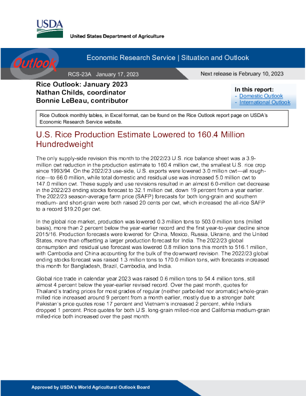 美国农业部大米展望 2023.1.17