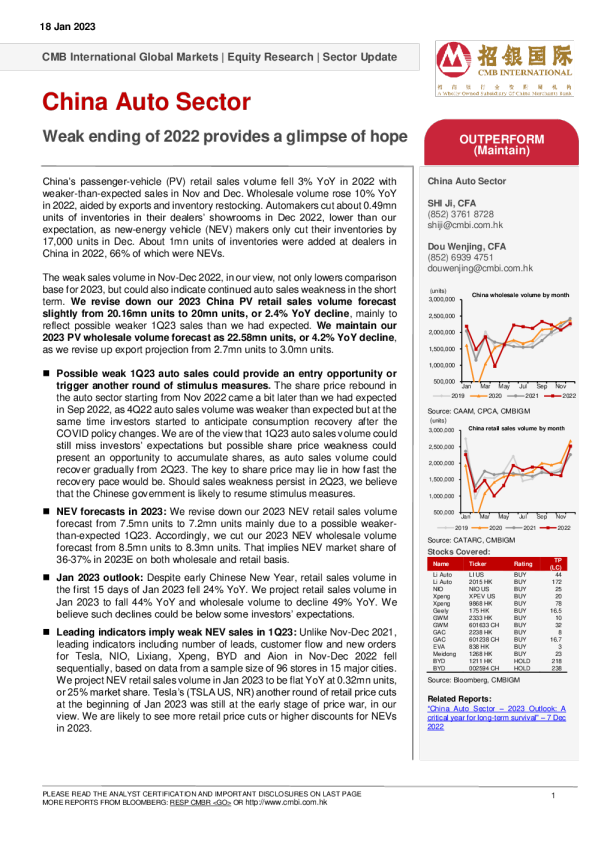 中国汽车行业——2022年疲软的结局带来一线希望