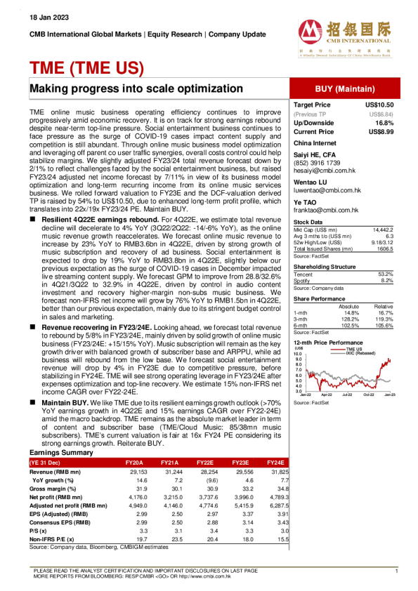 TME（TME美国） 在规模优化方面取得进展