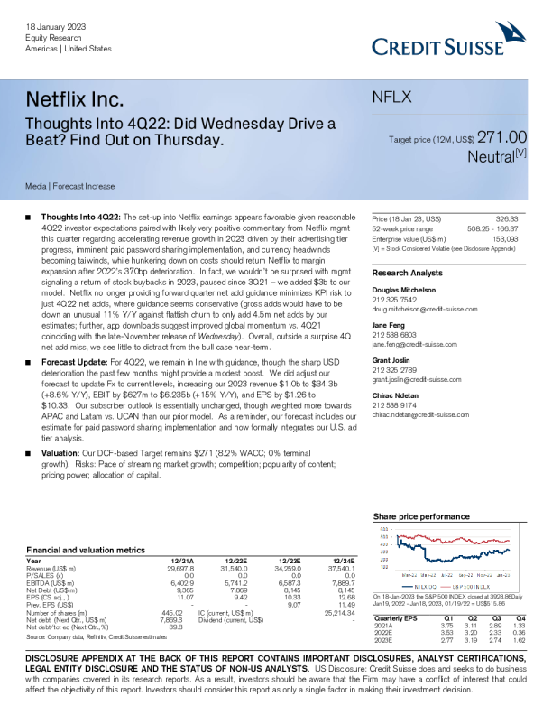 Netflix Inc.：对 4Q22 的思考：周三是否推动了节拍？周四找出答案。