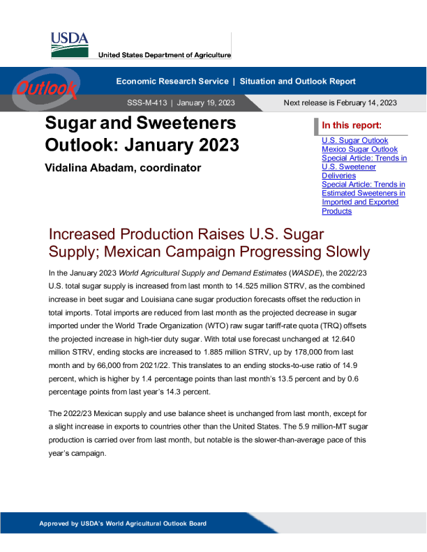美国农业部糖和甜味剂展望 2023.1.19