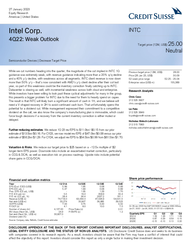 英特尔公司 4Q22：前景疲软