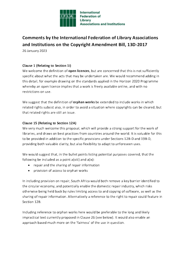 国际图联于 2023 年 1 月提交南非版权修正案磋商会