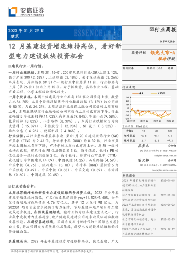12月基建投资增速维持高位，看好新型电力建设板块投资机会