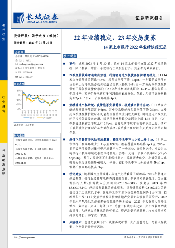 银行业14家上市银行2022年业绩快报汇总：22年业绩稳定，23年交易复苏