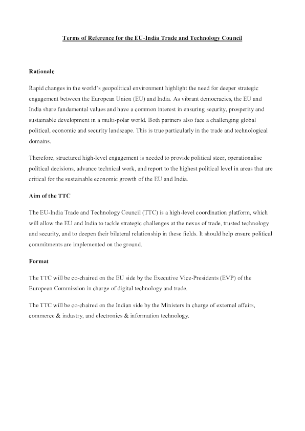 欧盟 - 印度贸易和技术理事会的职权范围