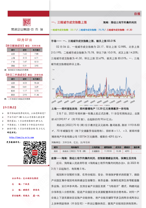 《市场日报（2.7）一、三线城市成交指数上涨 》