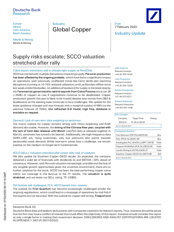 全球铜：供应风险升级;SCCO估值在反弹后拉长