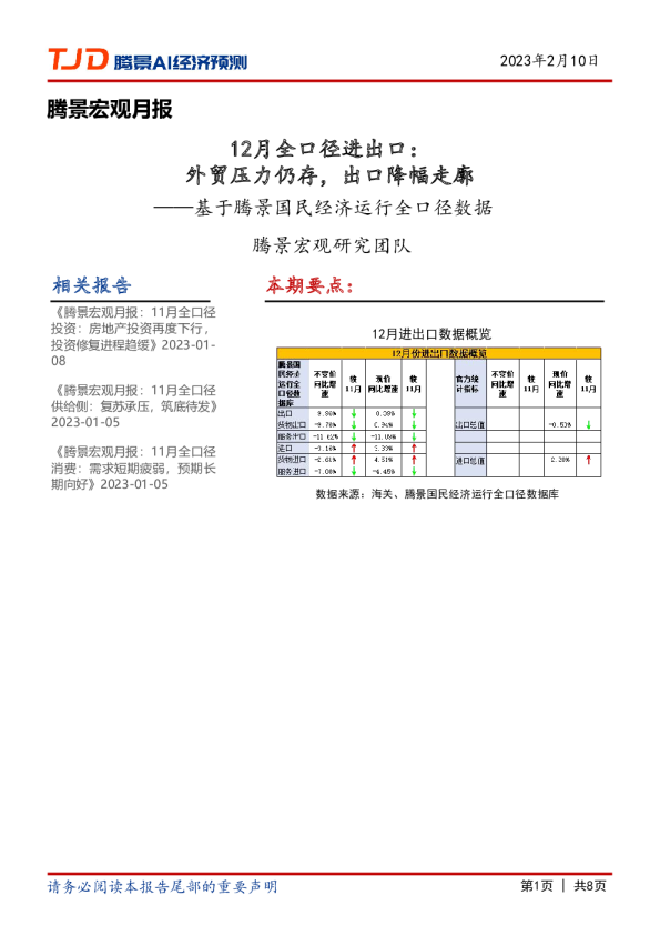 宏观月报：12月全口径进出口：外贸压力仍存，出口降幅走廓