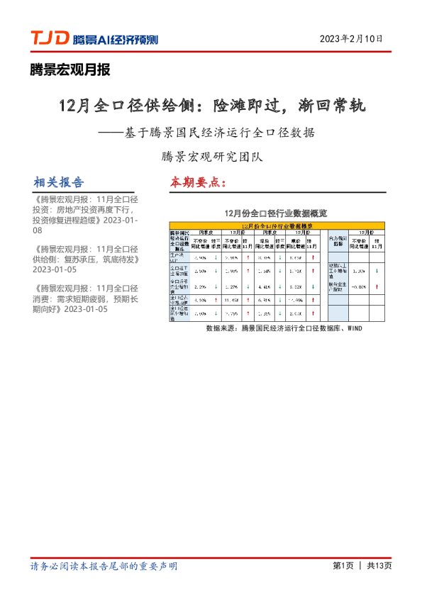 宏观月报：12月全口径供给侧：险滩即过，渐回常轨