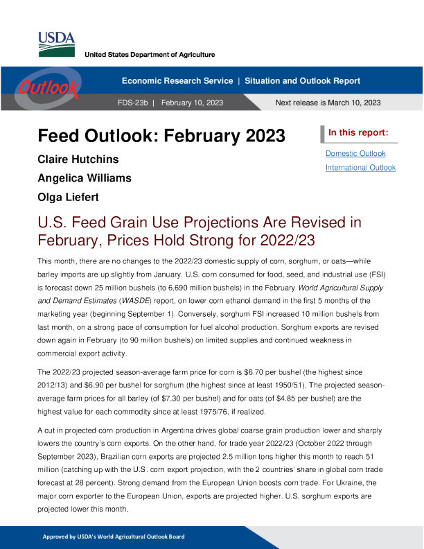 美国农业部饲料展望 2023.2.10