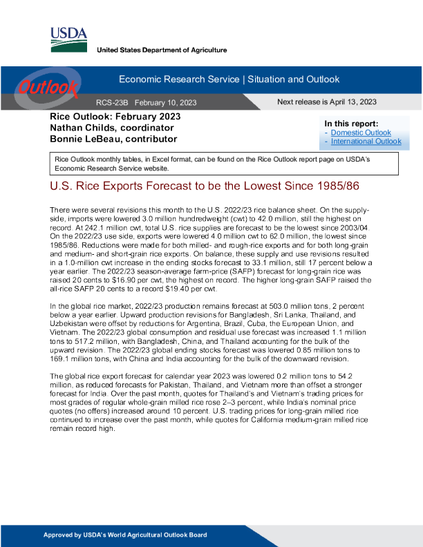美国农业部大米展望 2023.2.10