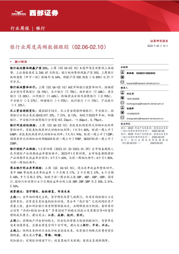 银行业周度高频数据跟踪（02.06-02.10）