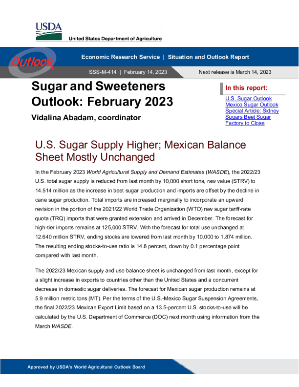 美国农业部糖和甜味剂展望 2023.2.14