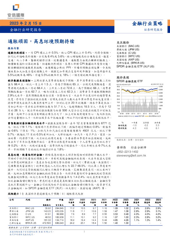 金融行业研究报告：通胀顽固，高息环境预期持续