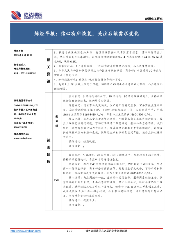 烯烃早报：信心有所恢复，关注后续需求变化